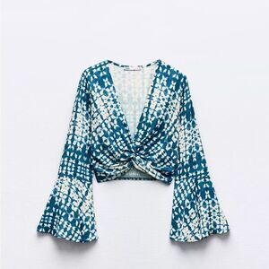 Zara Blue and White Bell Sleeve Crop Blouse